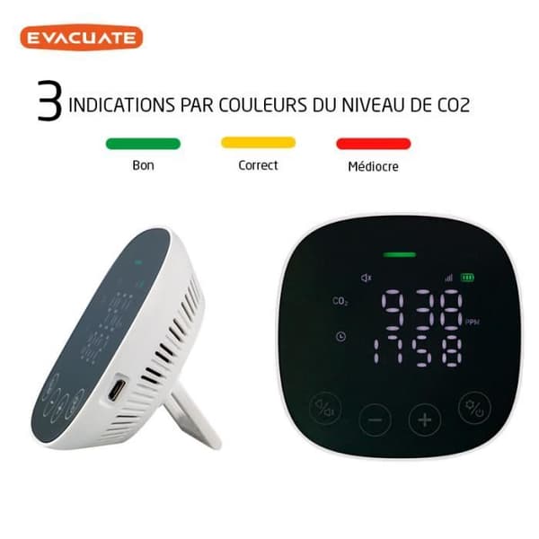 EVACUATE - Ansluten CO2-detektor: mäter luftkvaliteten, koldioxidsensor med LED-display