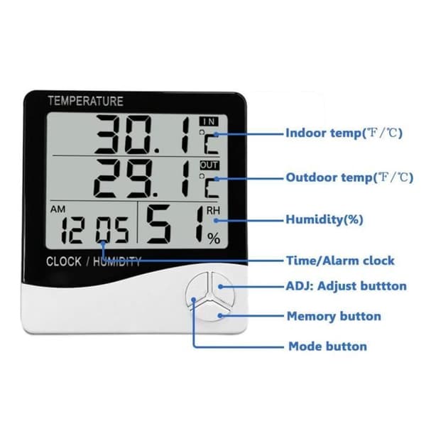 LCD digital termometer och hygrometer, med elektronisk visning av temperatur och luftfuktighet, P