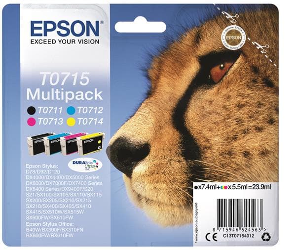 Epson T0715 Multipack - 4-pack - 23.9 ml - svart, gul, cyan, magenta - original - bläckpatron - för Stylus DX9400, SX115, SX210, SX215, SX218, SX415, SX515, SX610, Stylus Office BX310, BX610
