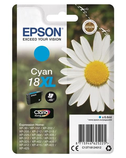 Epson 18XL - 6.6 ml - XL - cyan - original - bläckpatron - för Expression Home XP-212, 215, 225, 312, 315, 322, 325, 412, 415, 422, 425