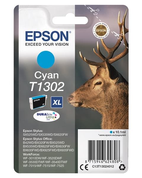 Epson T1302 - 10.1 ml - cyan - original - blister med RF-larm/akustiskt larm - bläckpatron - för Stylus Office BX630, BX635, BX935, WorkForce WF-3010, 3520, 3530, 3540, 7015, 7515, 7525
