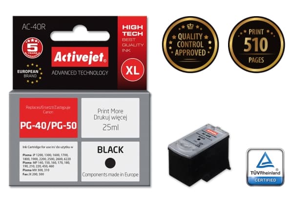 ActiveJet AC-40R, Pigmentbasert blekk, Svart, Canon: - Fax JX200, JX500 - PIXMA iP1200, iP1300, iP1600, iP1700, iP1800, iP1900, iP2200,..., 1 stykker