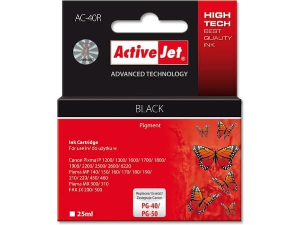 ActiveJet AC-40R, Pigmentbasert blekk, Svart, Canon: - Fax JX200, JX500 - PIXMA iP1200, iP1300, iP1600, iP1700, iP1800, iP1900, iP2200,..., 1 stykker