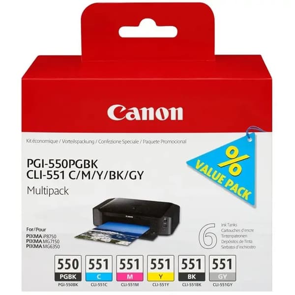 Canon PGI-550/CLI-551 PGBK/C/M/Y/BK/GY Multi Pack - 6-pack - grå, svart, gul, cyan, magenta - original - bläcktank - för PIXMA iP7250, iP8750, iX6850