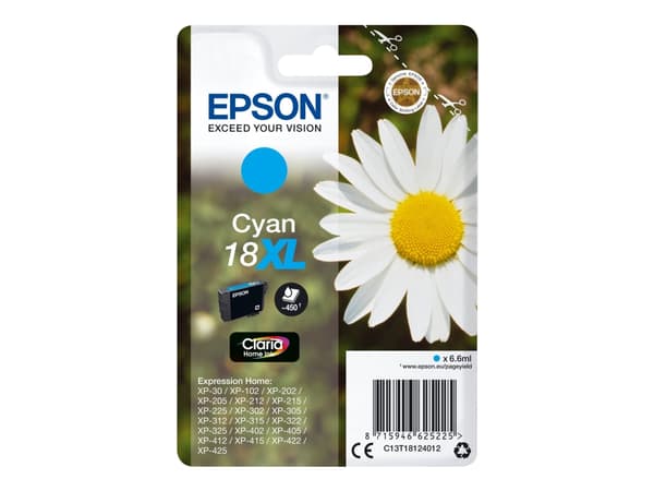 Epson 18XL - 6.6 ml - XL - cyan - original - blekkpatron - for Expression Home XP-212, 215, 225, 312, 315, 322, 325, 412, 415, 422, 425