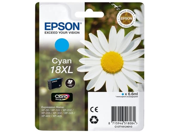 Epson 18XL - 6.6 ml - XL - cyan - original - blekkpatron - for Expression Home XP-212, 215, 225, 312, 315, 322, 325, 412, 415, 422, 425