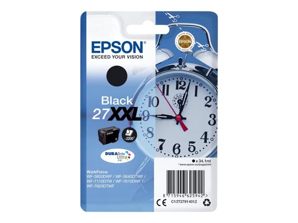Epson 27XXL - 34.1 ml - XL - svart - original - blære med RF/lyd-alarm - blekkpatron - for WorkForce WF-3620, WF-3640, WF-7110, WF-7610, WF-7620, WF-