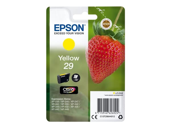 Epson Strawberry Singlepack Yellow 29 Claria Home Ink, Perusvärintuotto, Väriainepohjainen muste, 3,2 ml, 180 sivua, 1 kpl