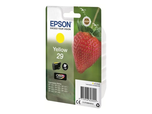 Epson Strawberry Singlepack Yellow 29 Claria Home Ink, Perusvärintuotto, Väriainepohjainen muste, 3,2 ml, 180 sivua, 1 kpl