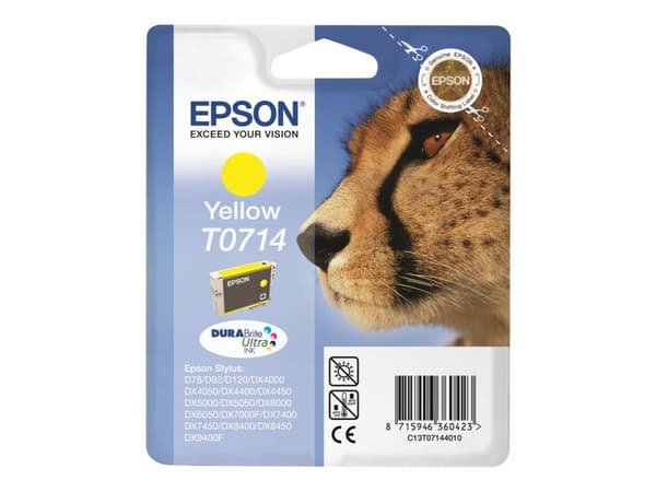 Epson T0714 - 5.5 ml - gul - original - blære med RF-alarm - blekkpatron - for Stylus DX9400, SX115, SX210, SX215, SX218, SX415, SX515, SX610; Stylus