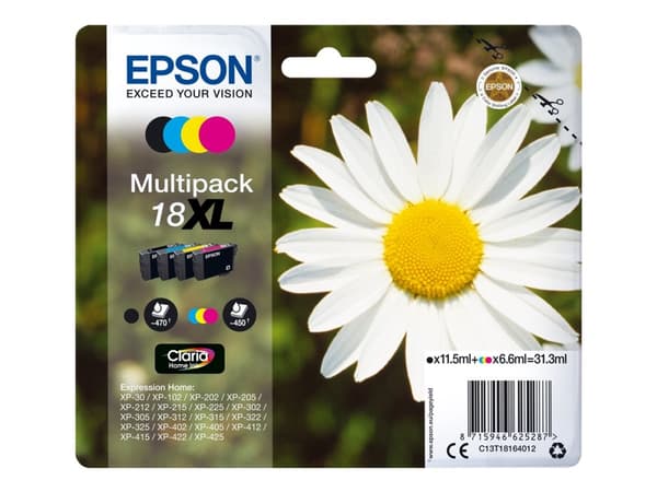 Epson Daisy Monipakkaus, 4 väriä 18XL Claria Home -muste, Korkea (XL) värintuotto, 11,5 ml, 6,6 ml, 470 sivua, 1 kpl, Monipakkaus