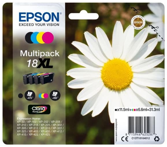 Epson Daisy Monipakkaus, 4 väriä 18XL Claria Home -muste, Korkea (XL) värintuotto, 11,5 ml, 6,6 ml, 470 sivua, 1 kpl, Monipakkaus