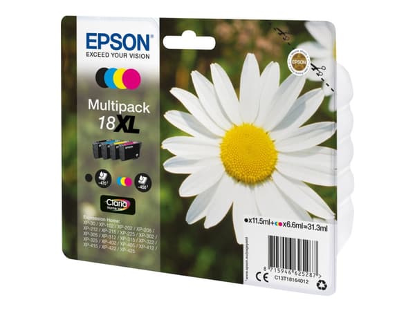 Epson Daisy Monipakkaus, 4 väriä 18XL Claria Home -muste, Korkea (XL) värintuotto, 11,5 ml, 6,6 ml, 470 sivua, 1 kpl, Monipakkaus