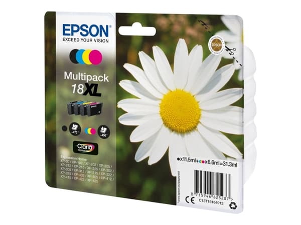 Epson Daisy Monipakkaus, 4 väriä 18XL Claria Home -muste, Korkea (XL) värintuotto, 11,5 ml, 6,6 ml, 470 sivua, 1 kpl, Monipakkaus