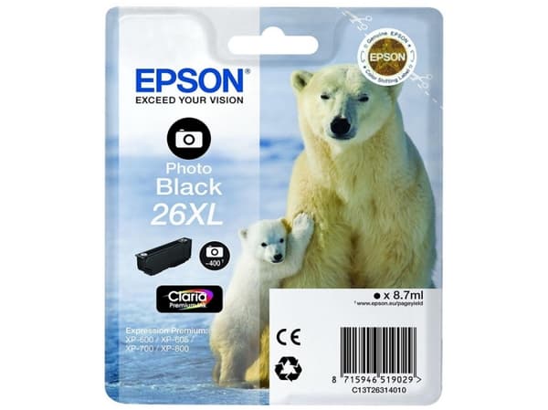 Epson Polar bear Yksittäispakkaus, valokuvamusta 26XL Claria Premium -muste, Korkea (XL) värintuotto, Väripohjainen muste, 8,7 ml, 400 sivua, 1 kpl