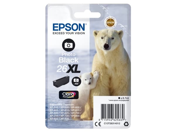 Epson Polar bear Yksittäispakkaus, valokuvamusta 26XL Claria Premium -muste, Korkea (XL) värintuotto, Väripohjainen muste, 8,7 ml, 400 sivua, 1 kpl