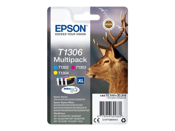 Epson T1306 Multipack - 3-pack - 30.3 ml - XL - gul, cyan, magenta - original - bläckpatron - för Stylus Office BX630, BX635, BX935; WorkForce WF-301