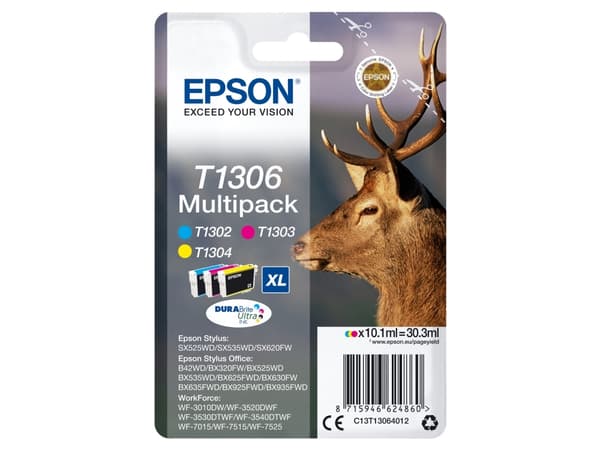 Epson T1306 Multipack - 3-pack - 30.3 ml - XL - gul, cyan, magenta - original - bläckpatron - för Stylus Office BX630, BX635, BX935; WorkForce WF-301