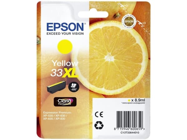 Epson Oranges Singlepack Yellow 33XL Claria Premium Ink, Korkea (XL) värintuotto, Väriainepohjainen muste, 8,9 ml, 650 sivua, 1 kpl