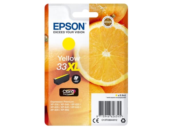Epson Oranges Singlepack Yellow 33XL Claria Premium Ink, Korkea (XL) värintuotto, Väriainepohjainen muste, 8,9 ml, 650 sivua, 1 kpl
