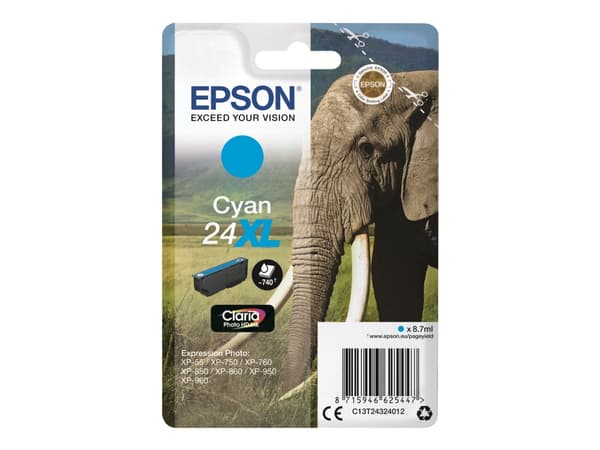 Epson 24XL - 8.7 ml - XL - cyan - original - blekkpatron - for Expression Photo XP-55, 750, 760, 850, 860, 950, 960, 970; Expression Premium XP-750,
