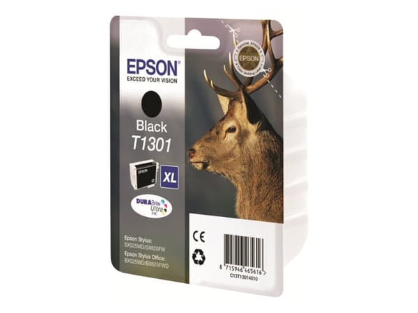 Epson Stag Yksittäispakkaus, musta T1301 DURABrite Ultra -muste, Korkea (XL) värintuotto, Väriainepohjainen muste, 25,4 ml, 25,4 ml, 945 sivua, 1 kpl