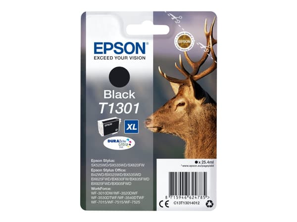Epson Stag Yksittäispakkaus, musta T1301 DURABrite Ultra -muste, Korkea (XL) värintuotto, Väriainepohjainen muste, 25,4 ml, 25,4 ml, 945 sivua, 1 kpl