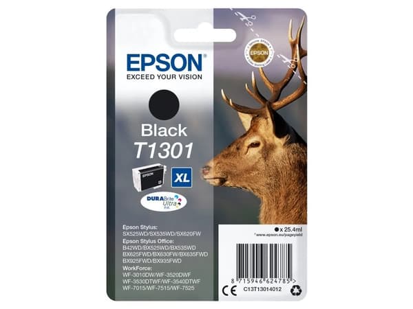 Epson Stag Yksittäispakkaus, musta T1301 DURABrite Ultra -muste, Korkea (XL) värintuotto, Väriainepohjainen muste, 25,4 ml, 25,4 ml, 945 sivua, 1 kpl