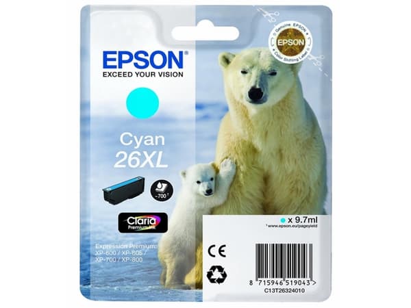Epson Polar bear Yksittäispakkaus, syaani 26XL Claria Premium -muste, Korkea (XL) värintuotto, 9,7 ml, 700 sivua, 1 kpl