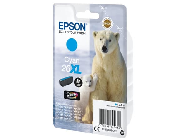 Epson Polar bear Yksittäispakkaus, syaani 26XL Claria Premium -muste, Korkea (XL) värintuotto, 9,7 ml, 700 sivua, 1 kpl