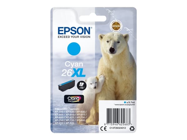Epson Polar bear Yksittäispakkaus, syaani 26XL Claria Premium -muste, Korkea (XL) värintuotto, 9,7 ml, 700 sivua, 1 kpl