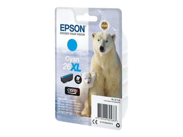 Epson Polar bear Yksittäispakkaus, syaani 26XL Claria Premium -muste, Korkea (XL) värintuotto, 9,7 ml, 700 sivua, 1 kpl