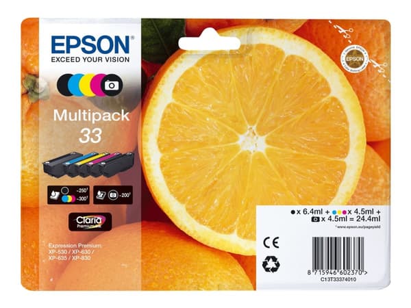 Epson 33 Multipack - 5-pack - 24.4 ml - svart, gul, cyan, magenta, fotosort - original - blære med RF/lyd-alarm - blekkpatron - for Expression Premiu
