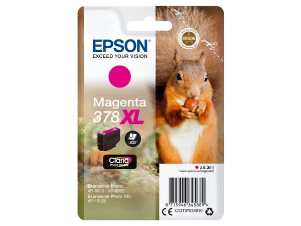 Epson Squirrel Singlepack Magenta 378XL Claria Photo HD Ink, Korkea (XL) värintuotto, Väriainepohjainen muste, 9,3 ml, 830 sivua, 1 kpl