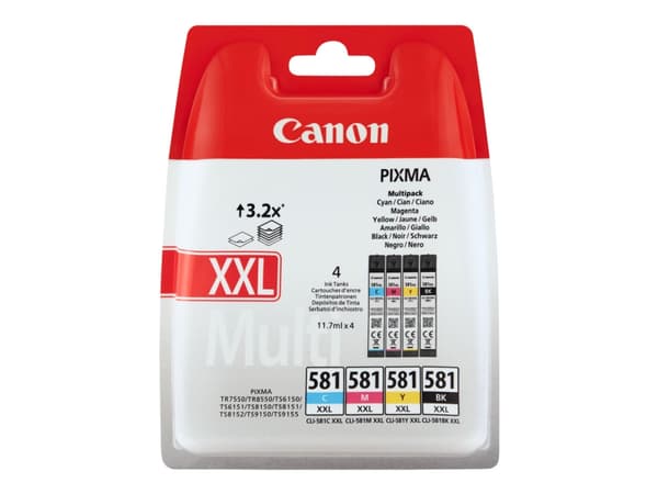 Canon CLI-581XXL C/M/Y/BK multipakke - 4 pakker - 11,7 ml - Meget høy kapasitet - svart, gul, cyan, magenta - original - blekktank - for PIXMA TS6251