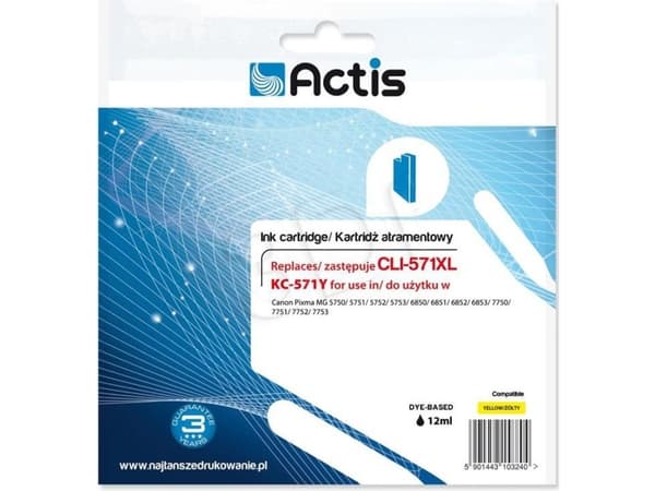 Actis KC-571Y, Perusvärintuotto, Väripohjainen muste, 12 ml, 1 kpl, Kertapakkaus