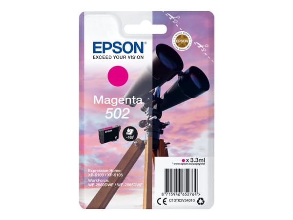 Epson 502 - 3.3 ml - magenta - original - blære med RF/lyd-alarm - blekkpatron - for Expression Home XP-5100, XP-5150; WorkForce WF-2860, WF-2865DWF,