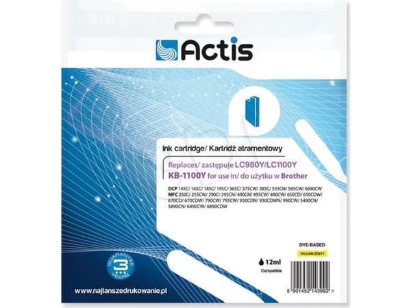 Actis KB-1100Y, Standard utskriftsproduksjon, Fargestoffbasert blekk, 19 ml, 1 stykker, Enkeltpakke