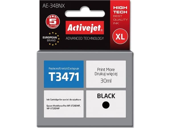 Activejet AE-34BNX, Høyt (XL) utbytte, Sort, Pigmentbasert blekk, 30 ml, 1 stykker, Enkeltpakke