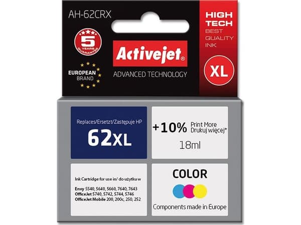 Activejet AH-62CRX, Høyt (XL) utbytte, Fargestoffbasert blekk, 18 ml, 460 sider, 1 stykker, Enkeltpakke