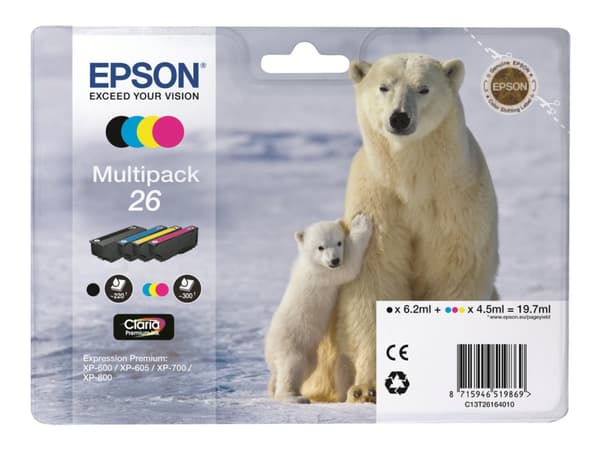 Epson 26 Multipack - 4-pack - svart, gul, cyan, magenta - original - bläckpatron - för Expression Premium XP-510, 520, 600, 605, 610, 615, 620, 625,