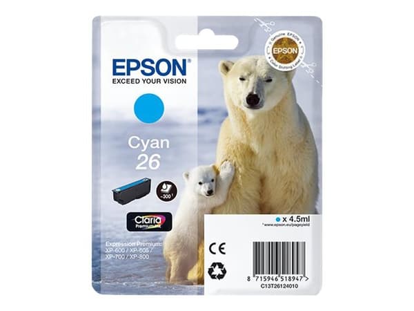 Epson 26 - 4.5 ml - cyan - original - blekkpatron - for Expression Premium XP-510, 520, 600, 605, 610, 615, 620, 625, 700, 710, 720, 800, 810, 820