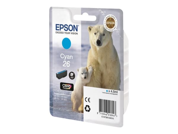 Epson 26 - 4.5 ml - cyan - original - blekkpatron - for Expression Premium XP-510, 520, 600, 605, 610, 615, 620, 625, 700, 710, 720, 800, 810, 820