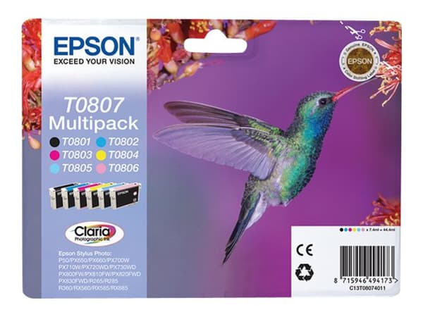 Epson T0807 Multipack - Svart, gul, cyan, magenta, lys magenta, lys cyan - original - blære med RF/lyd-alarm - blekkpatron - for Stylus Photo P50, PX