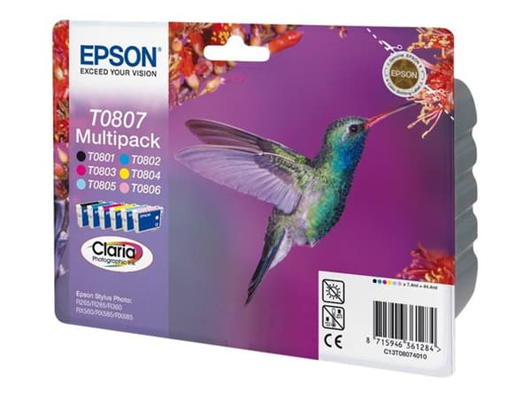 Epson T0807 Multipack - Svart, gul, cyan, magenta, lys magenta, lys cyan - original - blære med RF/lyd-alarm - blekkpatron - for Stylus Photo P50, PX