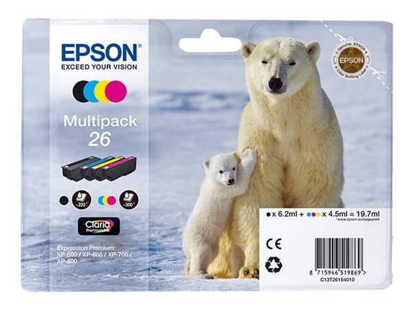 Epson 26 Multipack - 4-pack - svart, gul, cyan, magenta - original - blære med RF/lyd-alarm - blekkpatron - for Expression Premium XP-510, 520, 600,