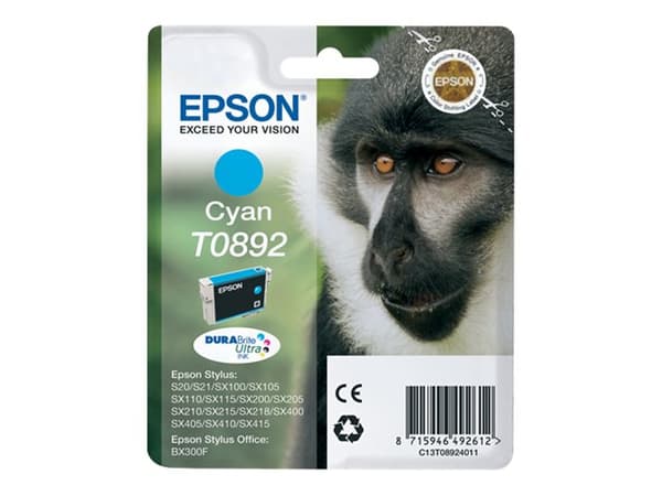 Epson Monkey Yksittäispakkaus, syaani T0892 DURABrite Ultra -muste, 3,5 ml, 1 kpl