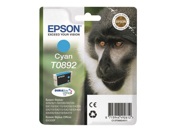 Epson Monkey Yksittäispakkaus, syaani T0892 DURABrite Ultra -muste, 3,5 ml, 1 kpl