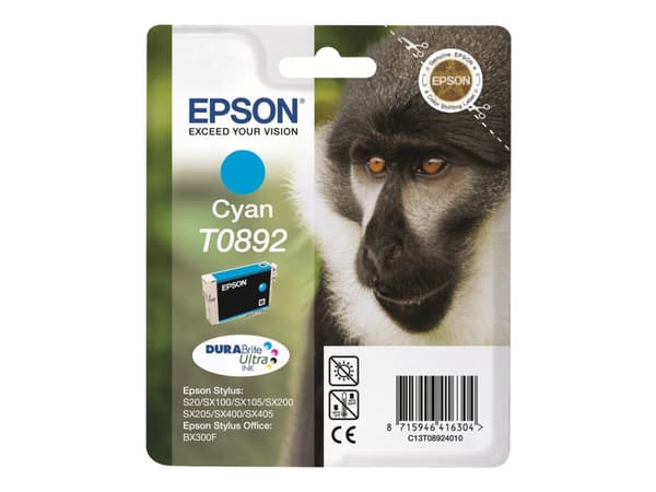 Epson Monkey Yksittäispakkaus, syaani T0892 DURABrite Ultra -muste, 3,5 ml, 1 kpl