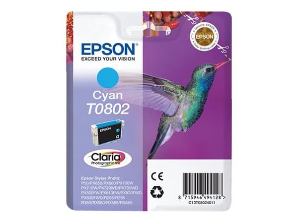 Epson T0802 - Cyan - original - blære med RF/lyd-alarm - blekkpatron - for Stylus Photo P50, PX650, PX660, PX700, PX710, PX720, PX730, PX800, PX810,